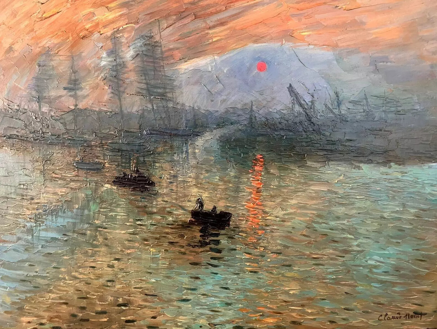 art-impressionniste-paysage soleil levant d'après Monet huile sur toile signée