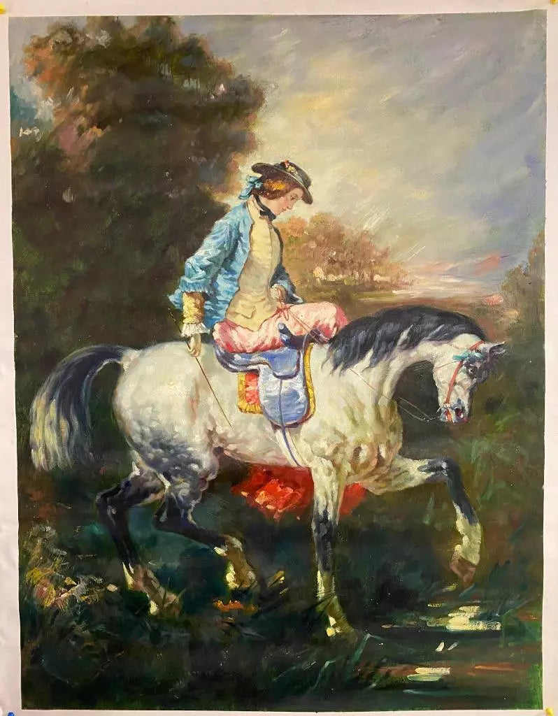 art-scène-vie-dame-cheval-amazone-peinture-huile-toile