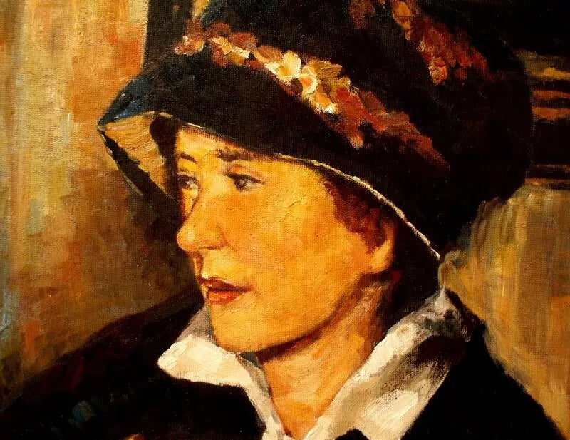 art-moderne-portrait-femme-chapeau-peinture-huile-toile