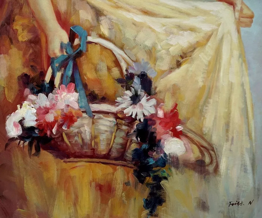 art-portrait-jeune-femme-panier-fleurs-peinture-huile-toile