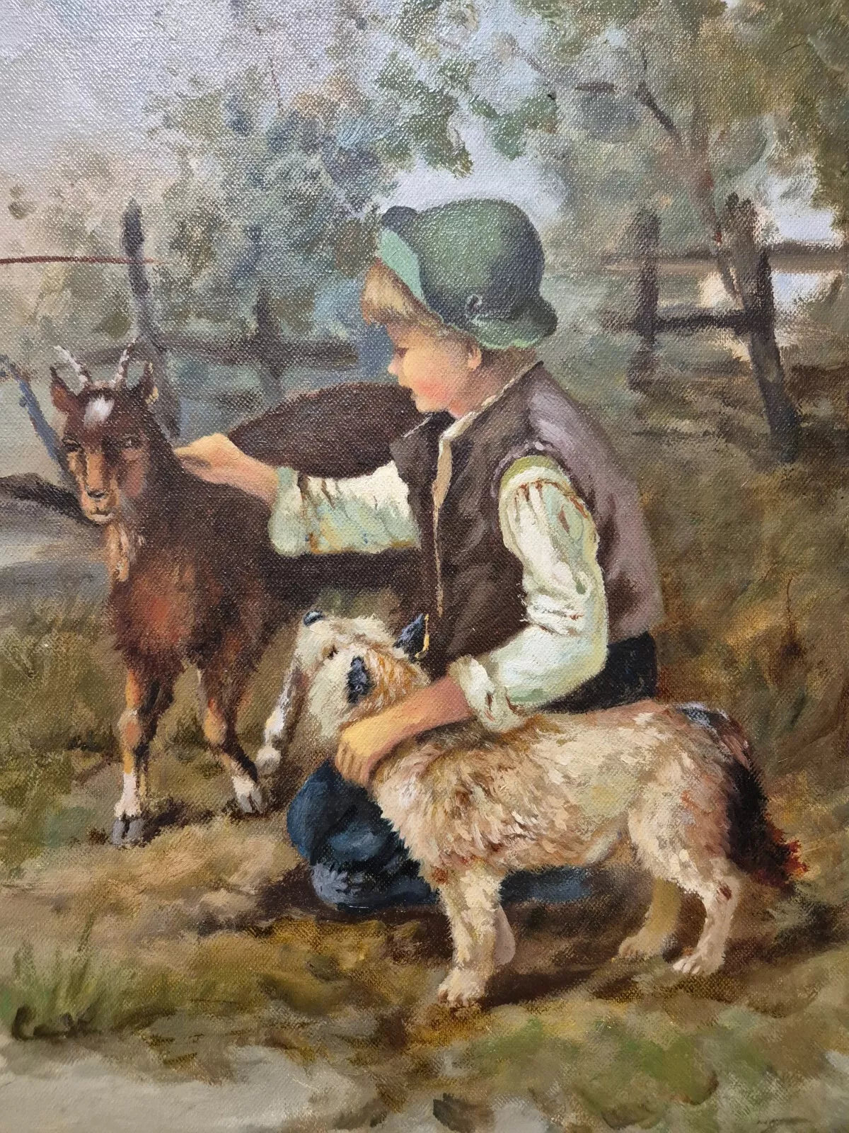 art-scène-vie-enfant-berger-chèvres-peinture-huile-toile