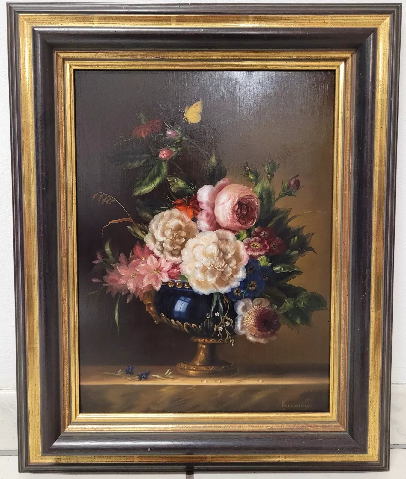 art-nature-morte-bouquet-fleurs-vase-peinture-huile-panneau-bois