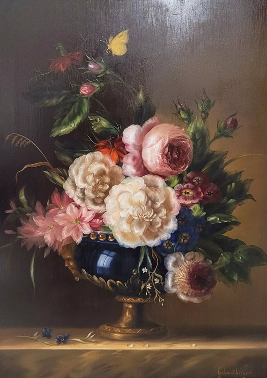 art-nature-morte-bouquet-fleurs-vase-peinture-huile-panneau-bois