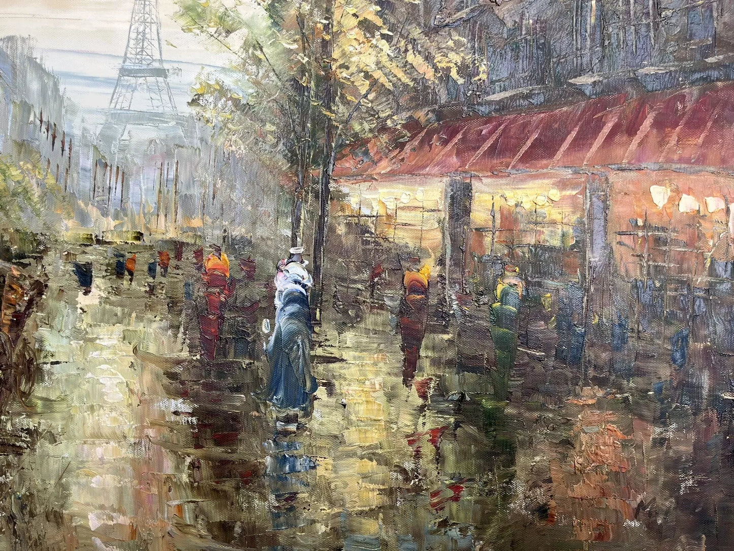 art-paysage-scène-rue-personnages-Paris-tour-Eiffel-peinture-huile-toile