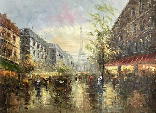 art-paysage-scène-rue-personnages-Paris-tour-Eiffel-peinture-huile-toile