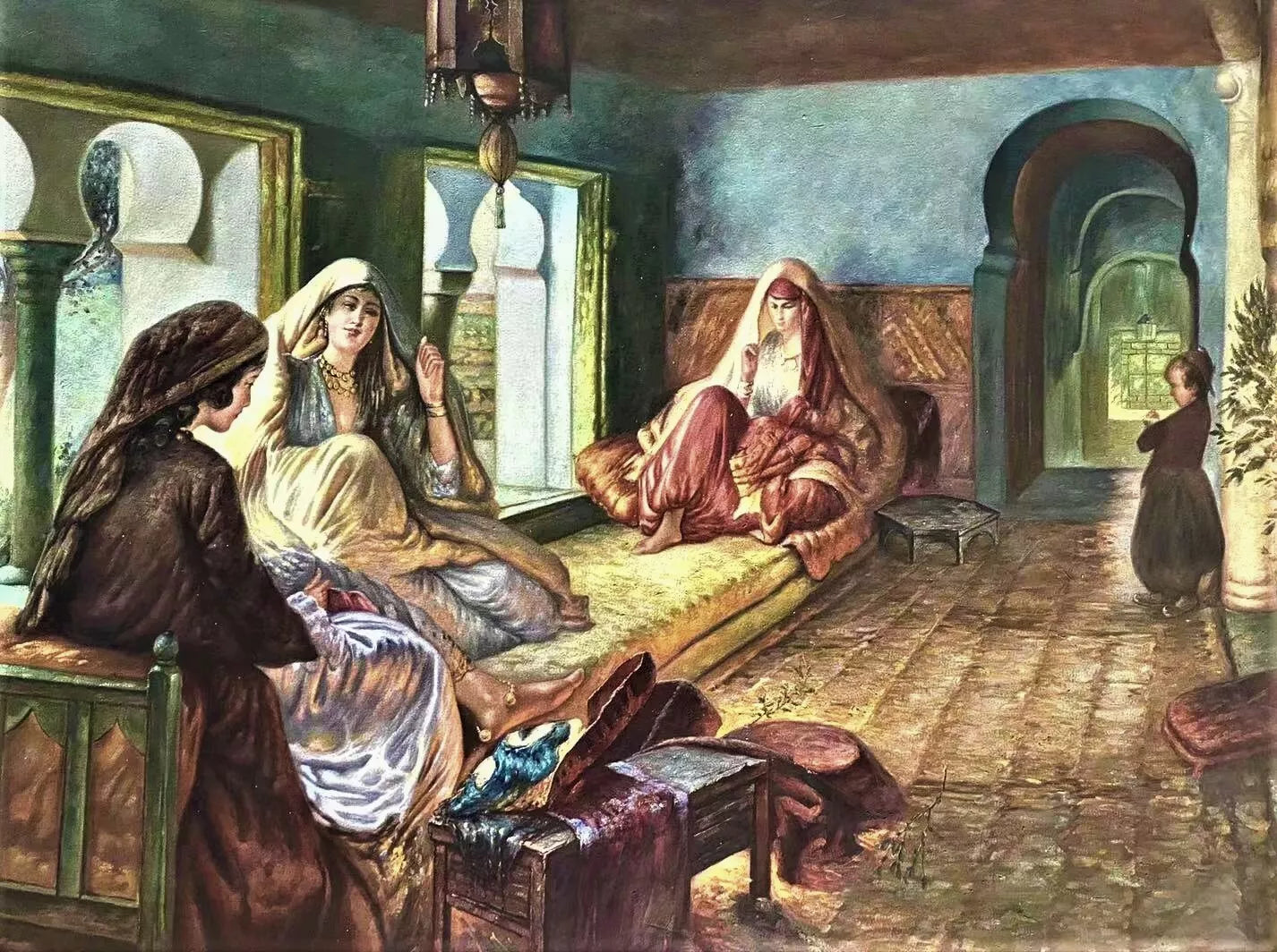 art-orientalisme-femmes-harem-arabe-thé-tapis-peinture-huile-toile