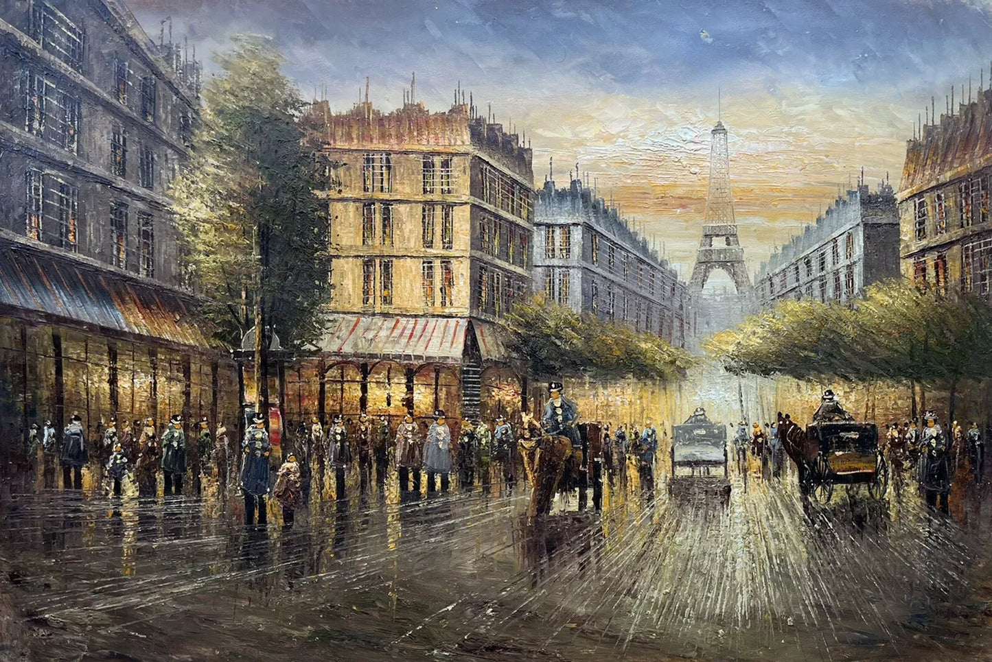 art-paysage-scène-rue-personnages-Paris-tour-Eiffel-peinture-huile-toile