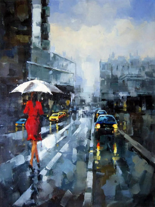 art-moderne-scène-rue-personnage-femme-pluie-peinture-huile-toile