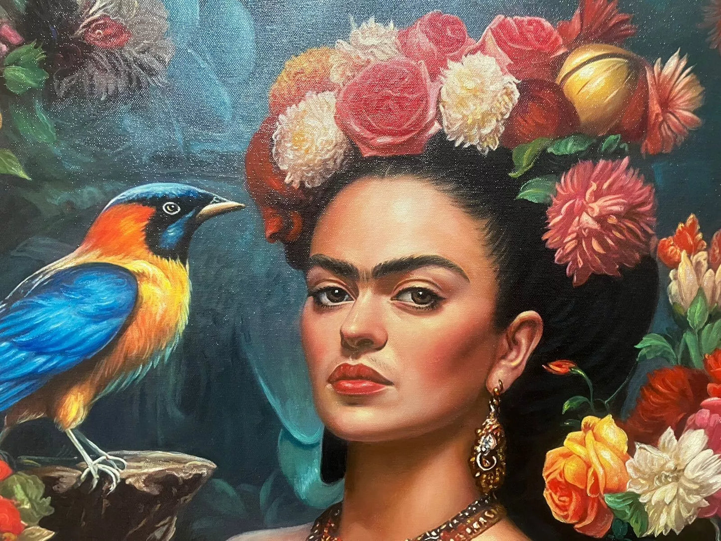 art-moderne-portrait-Frida-Khalo-fleurs-oiseaux-belle-peinture-huile-toile