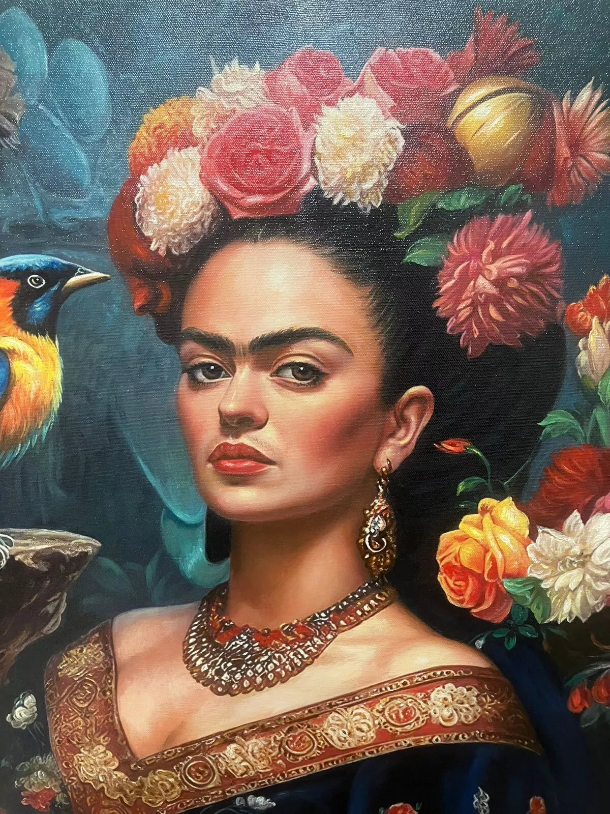 art-moderne-portrait-Frida-Khalo-fleurs-oiseaux-belle-peinture-huile-toile