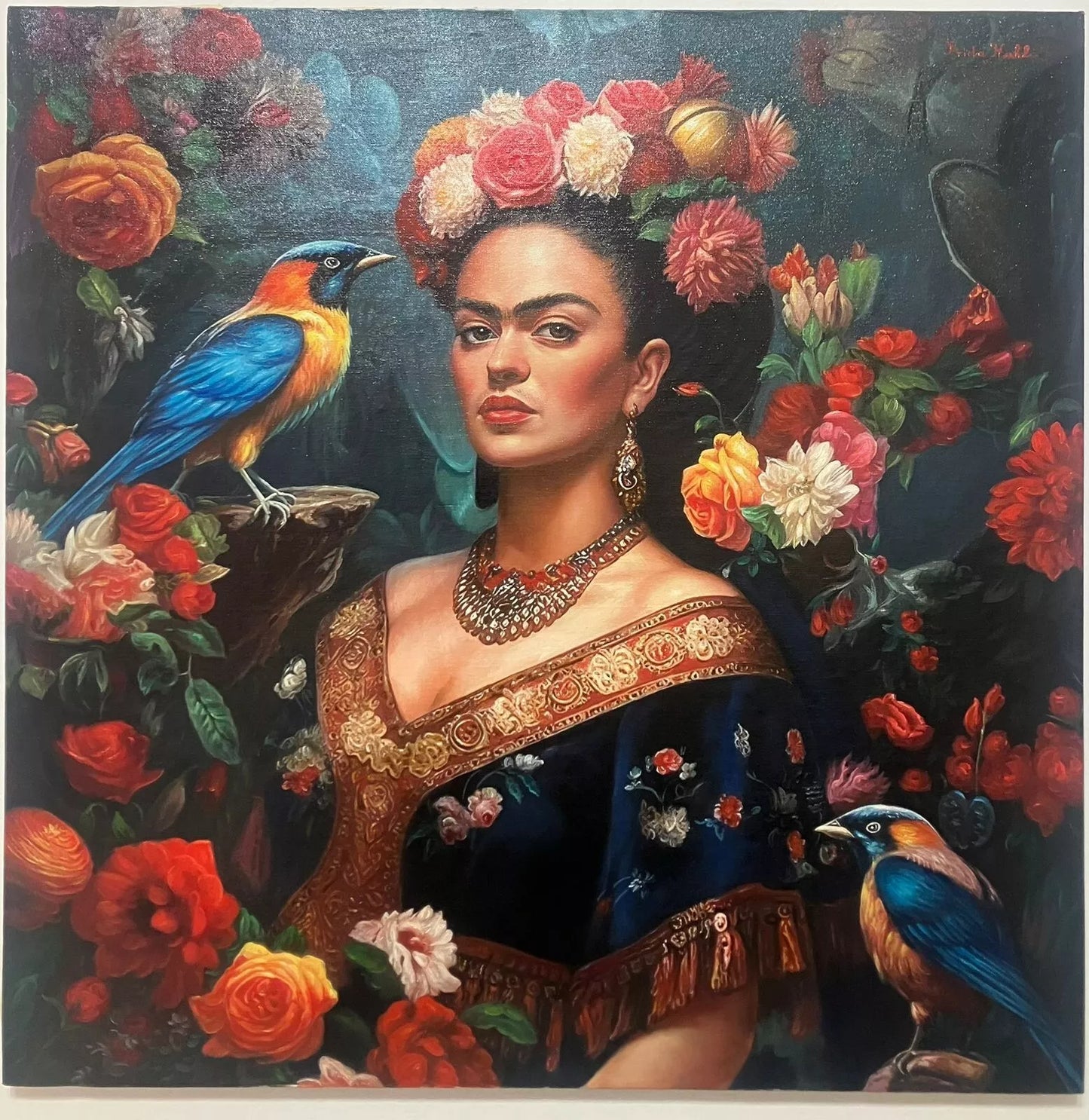 art-moderne-portrait-Frida-Khalo-fleurs-oiseaux-belle-peinture-huile-toile