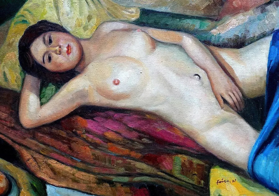 art-femme-nue-allongée-peinture-huile sur toile- d'après Faistauer