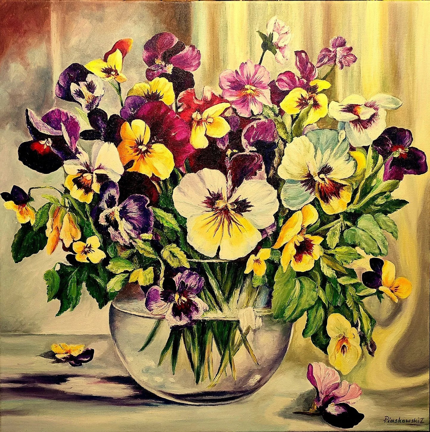 art-nature-morte-fleurs-pensées-bouquet-vase-peinture-huile-toile