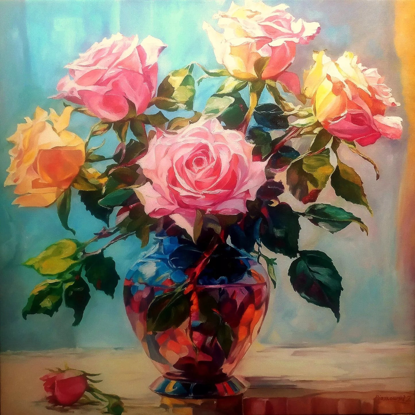 art-nature-morte-fleurs-roses-bouquet-vase-peinture-huile-toile