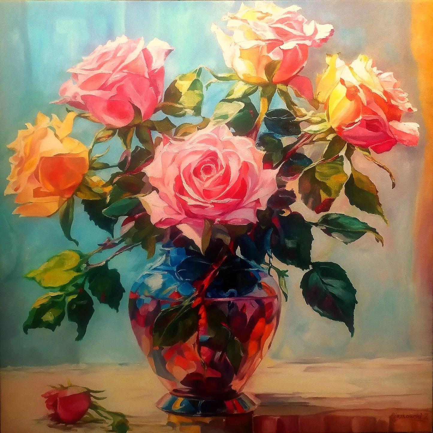 art-nature-morte-fleurs-roses-bouquet-vase-peinture-huile-toile