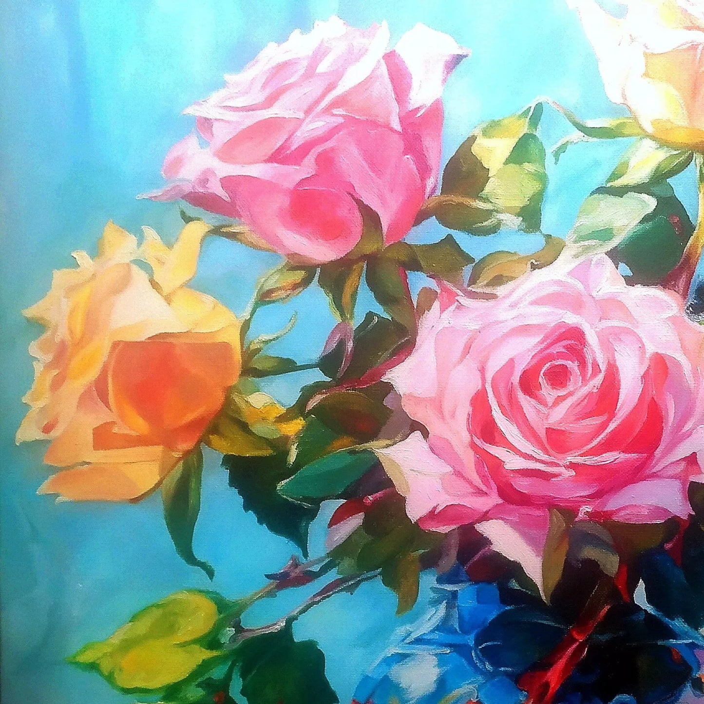 art-nature-morte-fleurs-roses-bouquet-vase-peinture-huile-toile