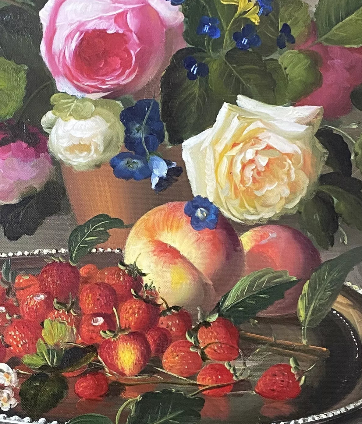 art-nature-morte-bouquet-fleurs-roses-fruits-peinture-huile-toile-cadre