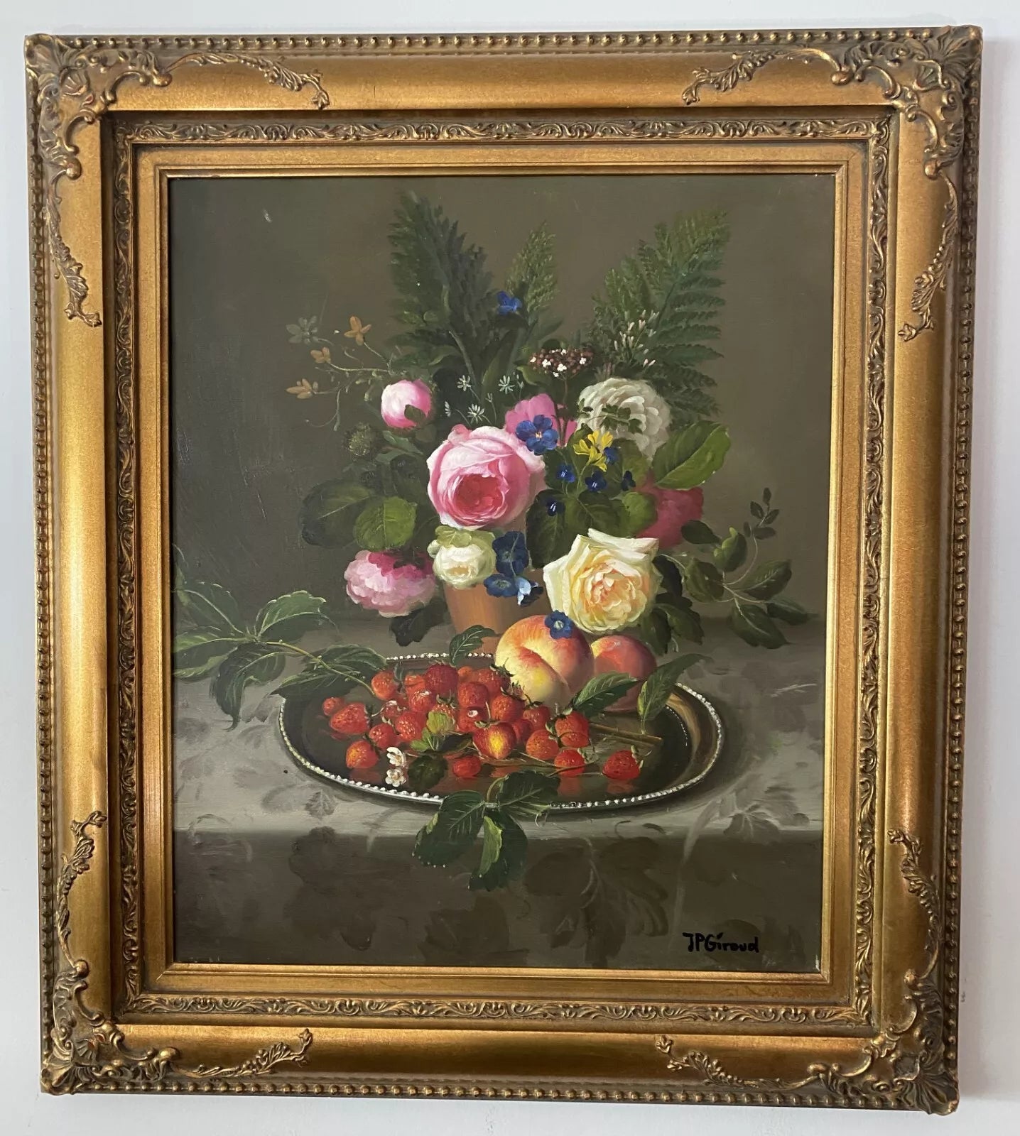 art-nature-morte-bouquet-fleurs-roses-fruits-peinture-huile-toile-cadre