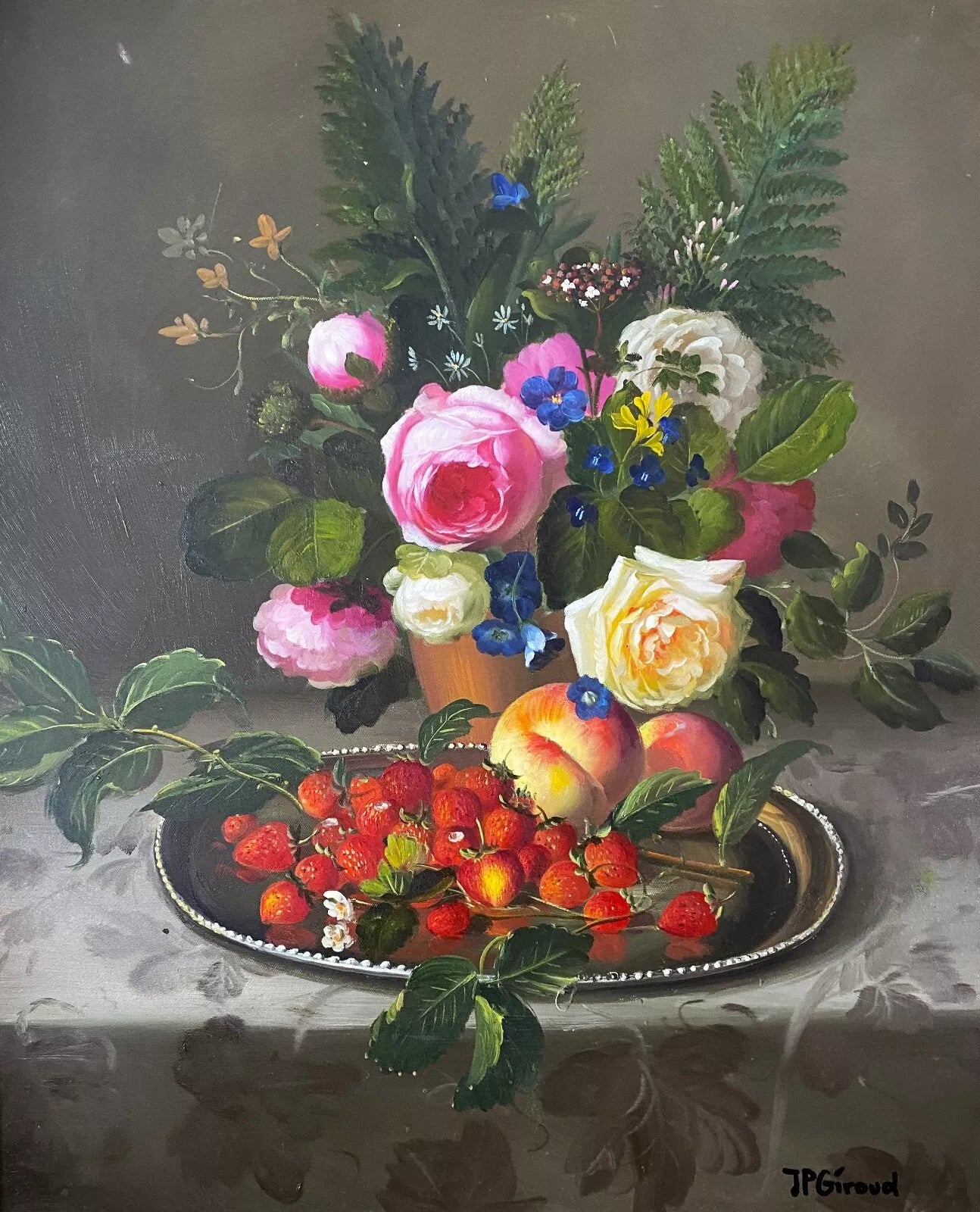 art-nature-morte-bouquet-fleurs-roses-fruits-peinture-huile-toile-cadre