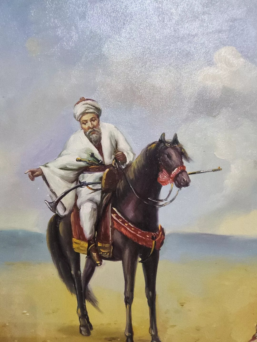 art-orientaliste-scène-cavalier-arabe-désert-peinture huile sur toile