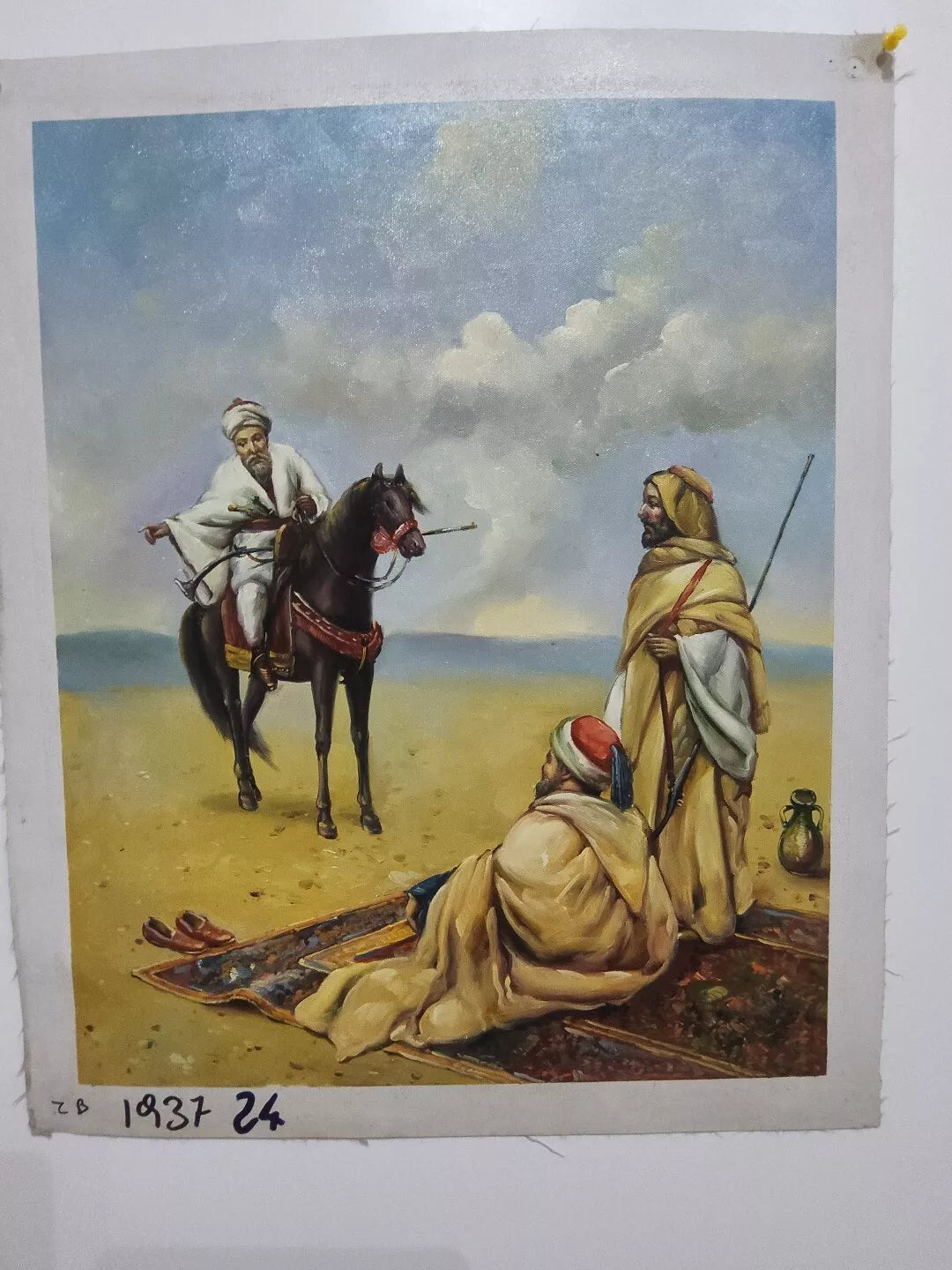 art-orientaliste-scène-cavalier-arabe-désert-peinture huile sur toile