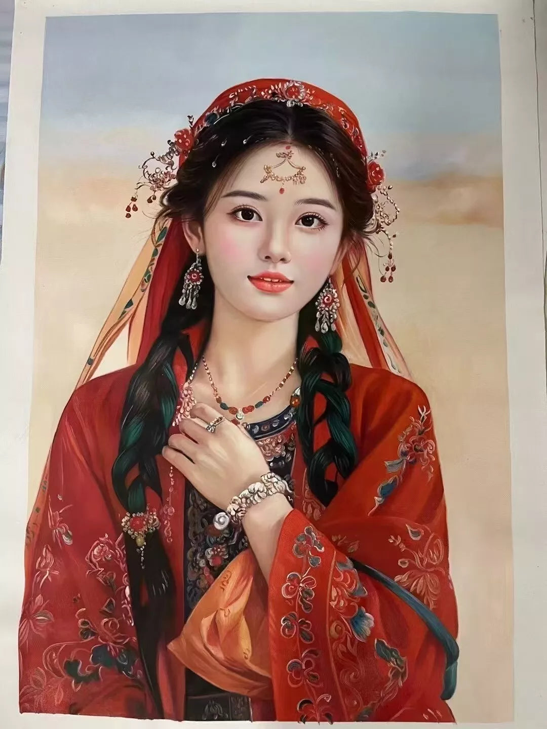 art -portrait-féminin-femme-asiatique-bijoux-peinture-huile sur toile