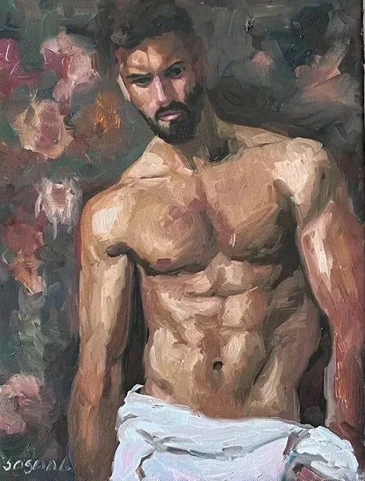 art-érotique-gay-peinture-huile sur toile-originale-homme-torse-nu