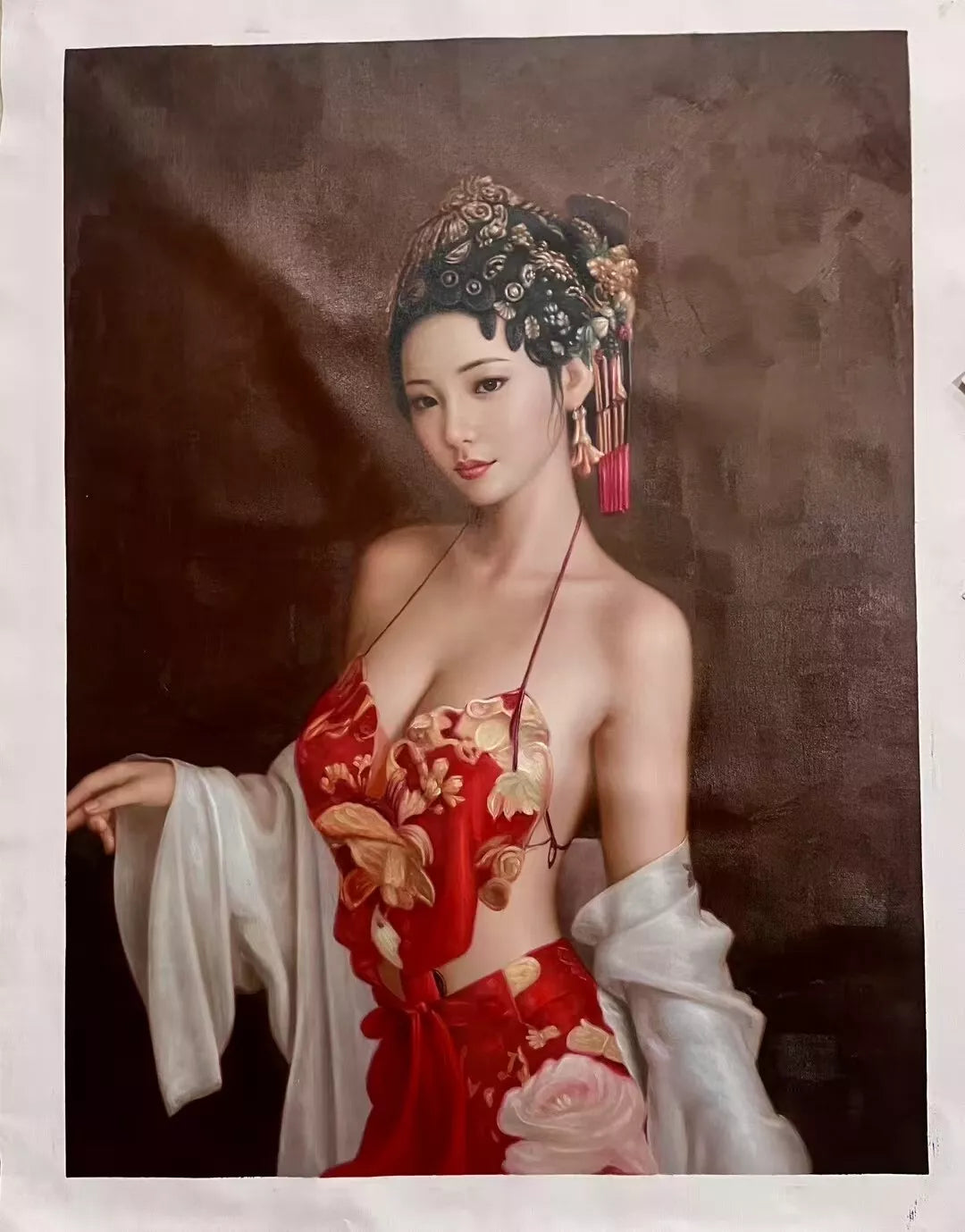 art -portrait-féminin-jeune-femme-asiatique-élégante-peinture-huile sur toile