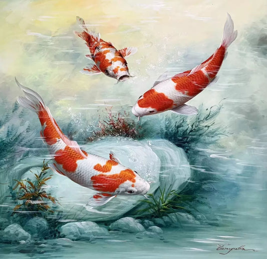 art-animal-poissons-carpes-koi-peinture-huile-toile