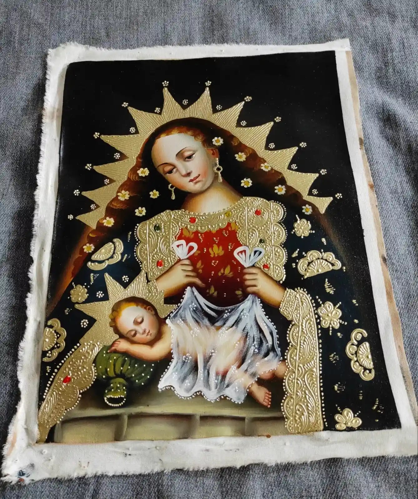 Vierge à l'Enfant, Tableau Cuzco, Peinture à l'huile originale, Art catholique, fait main