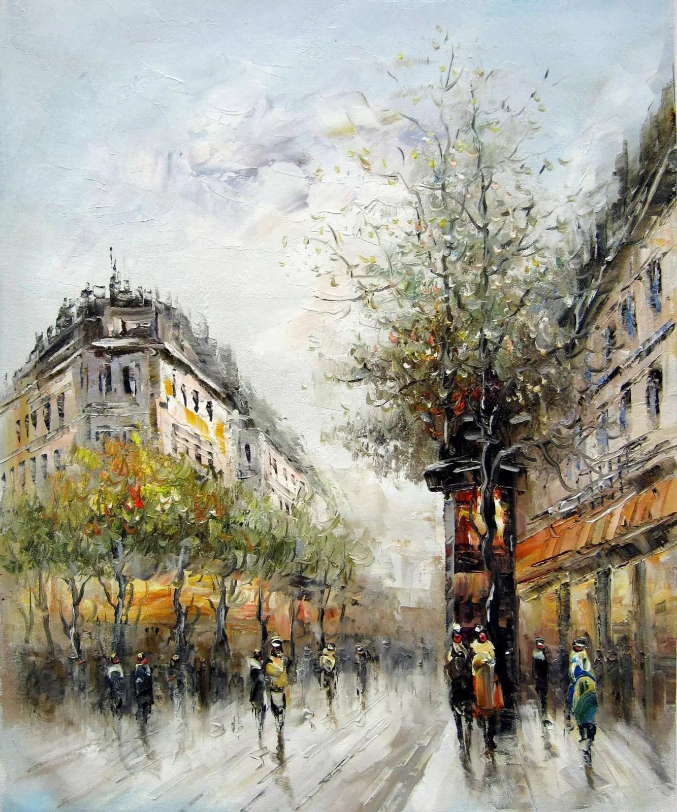 art-scène-vie-rue-Paris-France-personnages-peinture-huile-toile