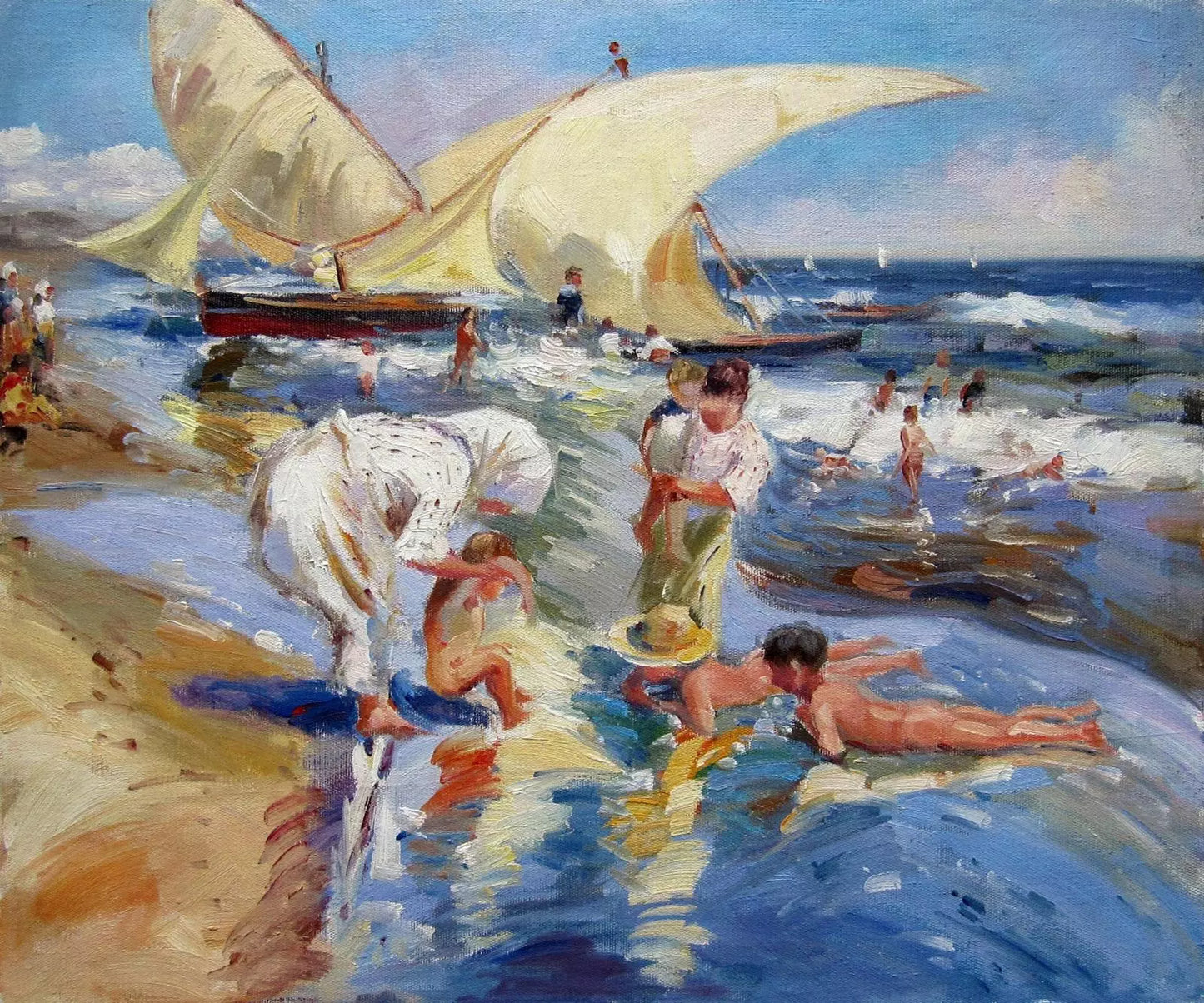 art-décoration-scène-vie-plage-personnages-peinture-huile-toile