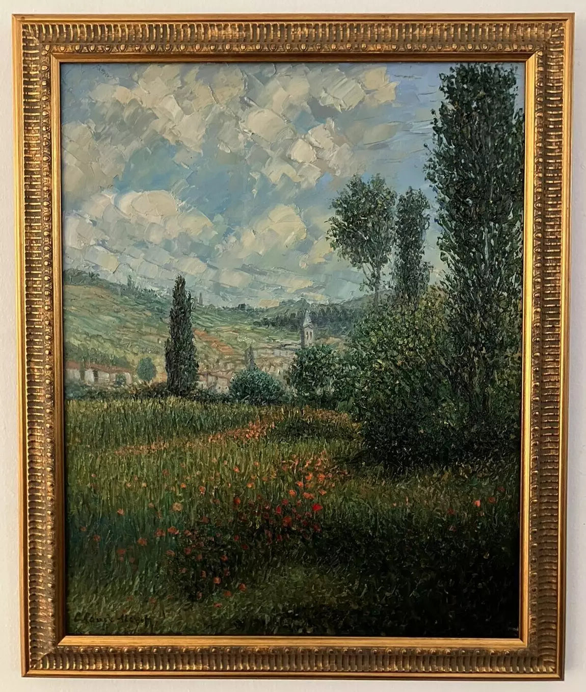 art-paysage-village-champ-coquelicots-peinture-huile-toile