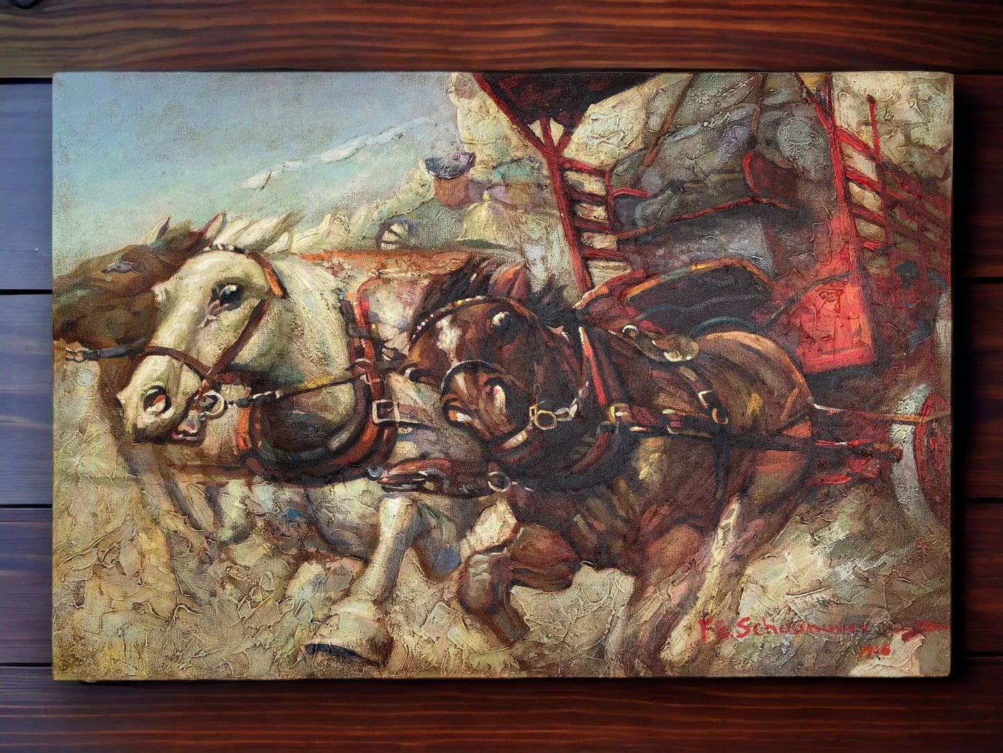 art-scène-vie-chevaux-embardée -peinture-huile-toile