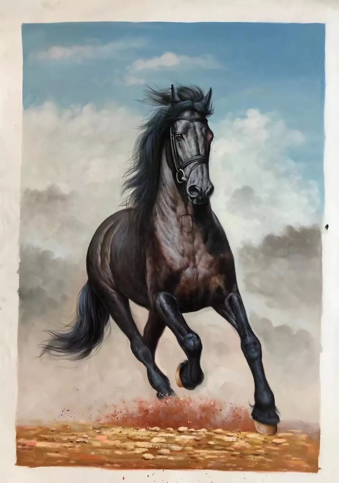 art-animal-course-cheval-noir-sauvage-peinture-huile-toile