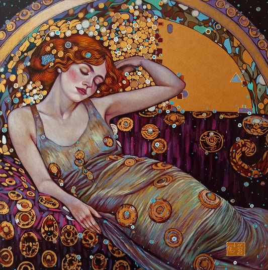 Style peinture Gustav Klimt dans les tons violet-violet et or,