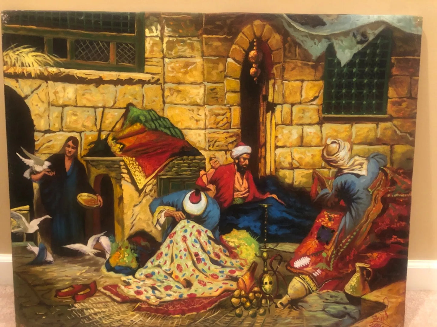 art-orientalisme-scène-vie-arabe-tapis-peinture-huile-toile