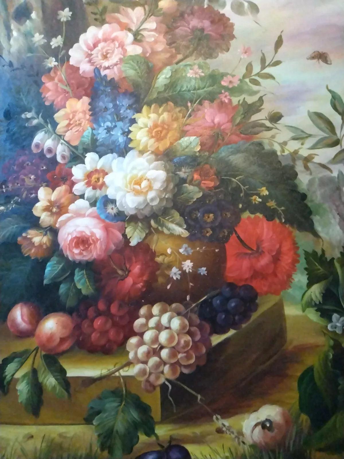 art-nature-morte-bouquet-fleurs-vase-fruits-peinture-huile-toile