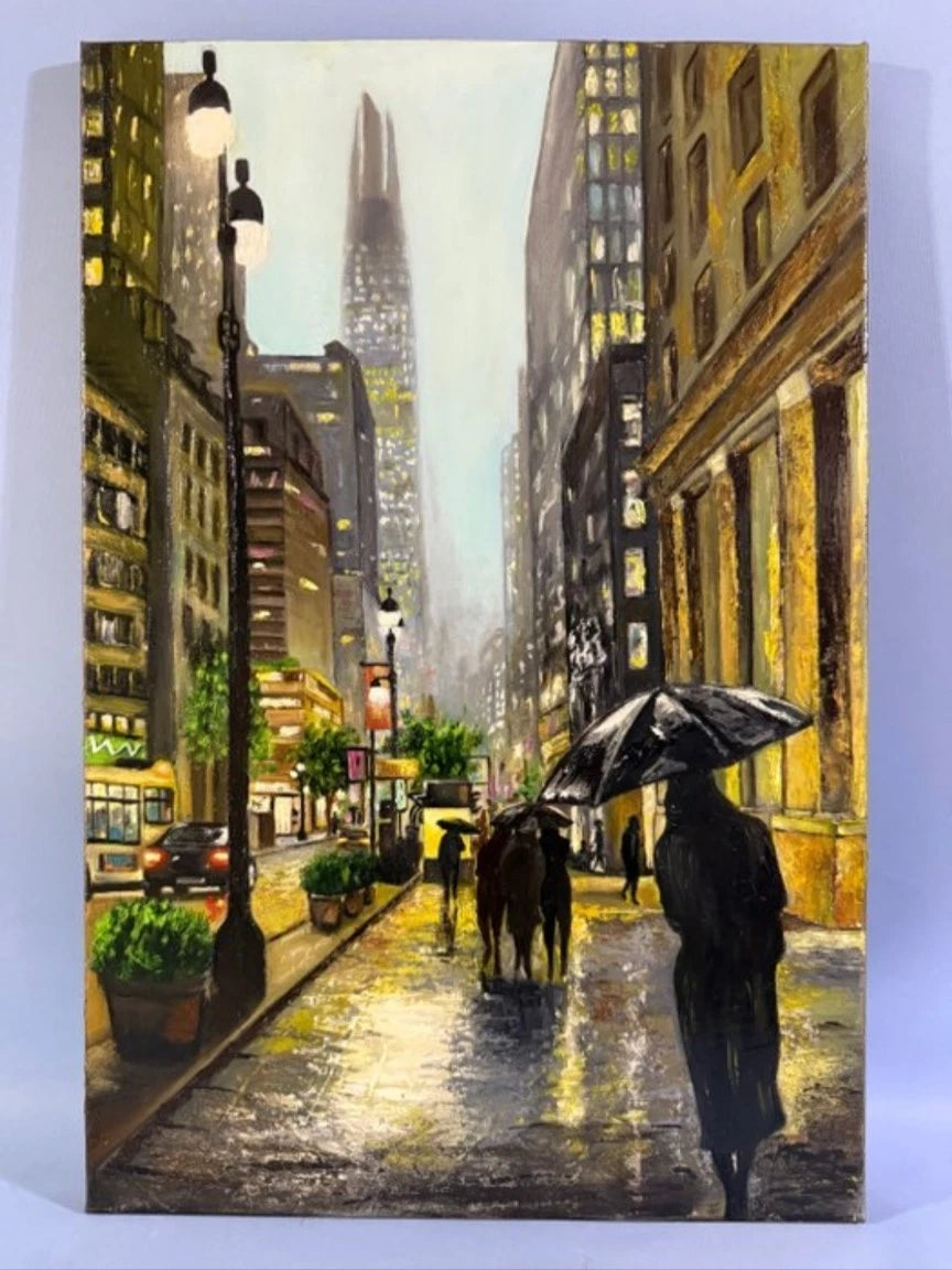 art-decoration-tableau-peinture-huile-toile-scene-vie-sous la pluie-new york