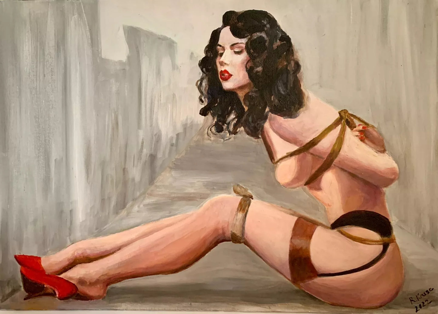 art-decoration-tableau-peinture-huile-toile-érotique-scene-femme-denudée-attachée