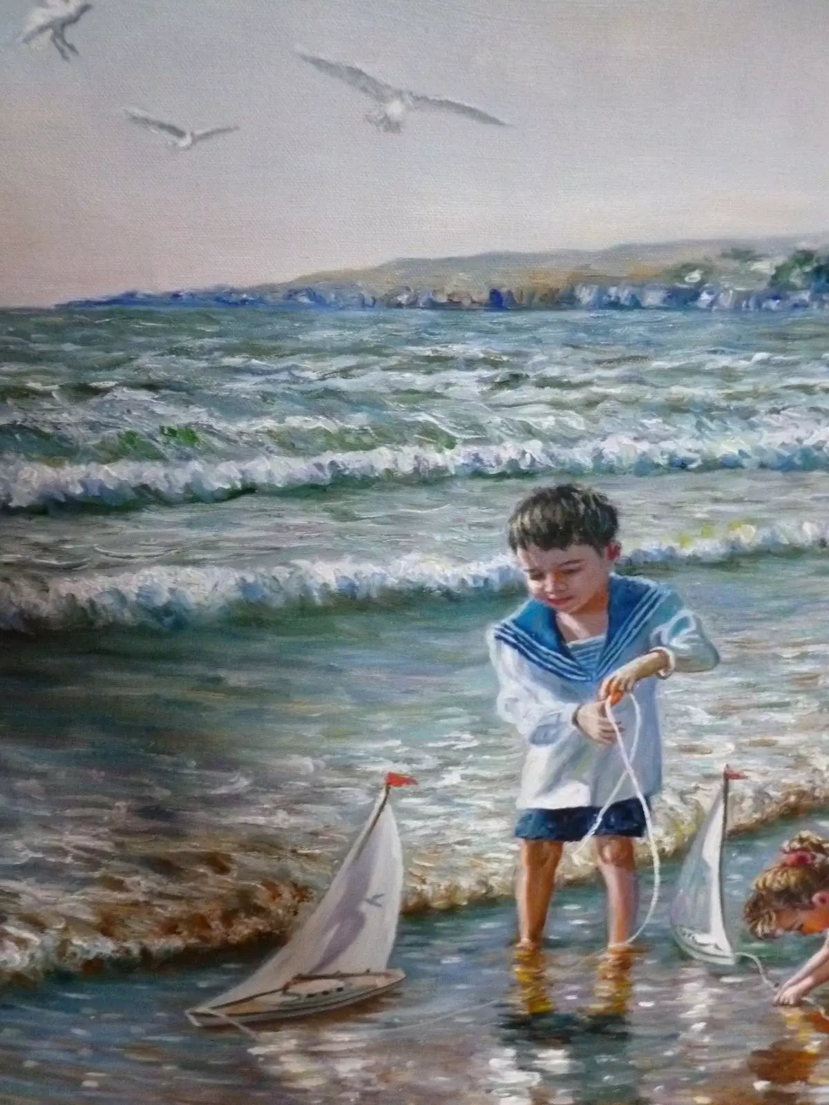 art-decoration-tableau-peinture-huile-toile-scene-vie-enfants-plage-chien