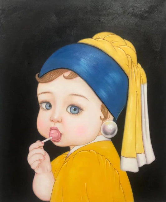art-decoration-tableau-peinture-huile-toile-portrait-fille-gros-yeux-sucette