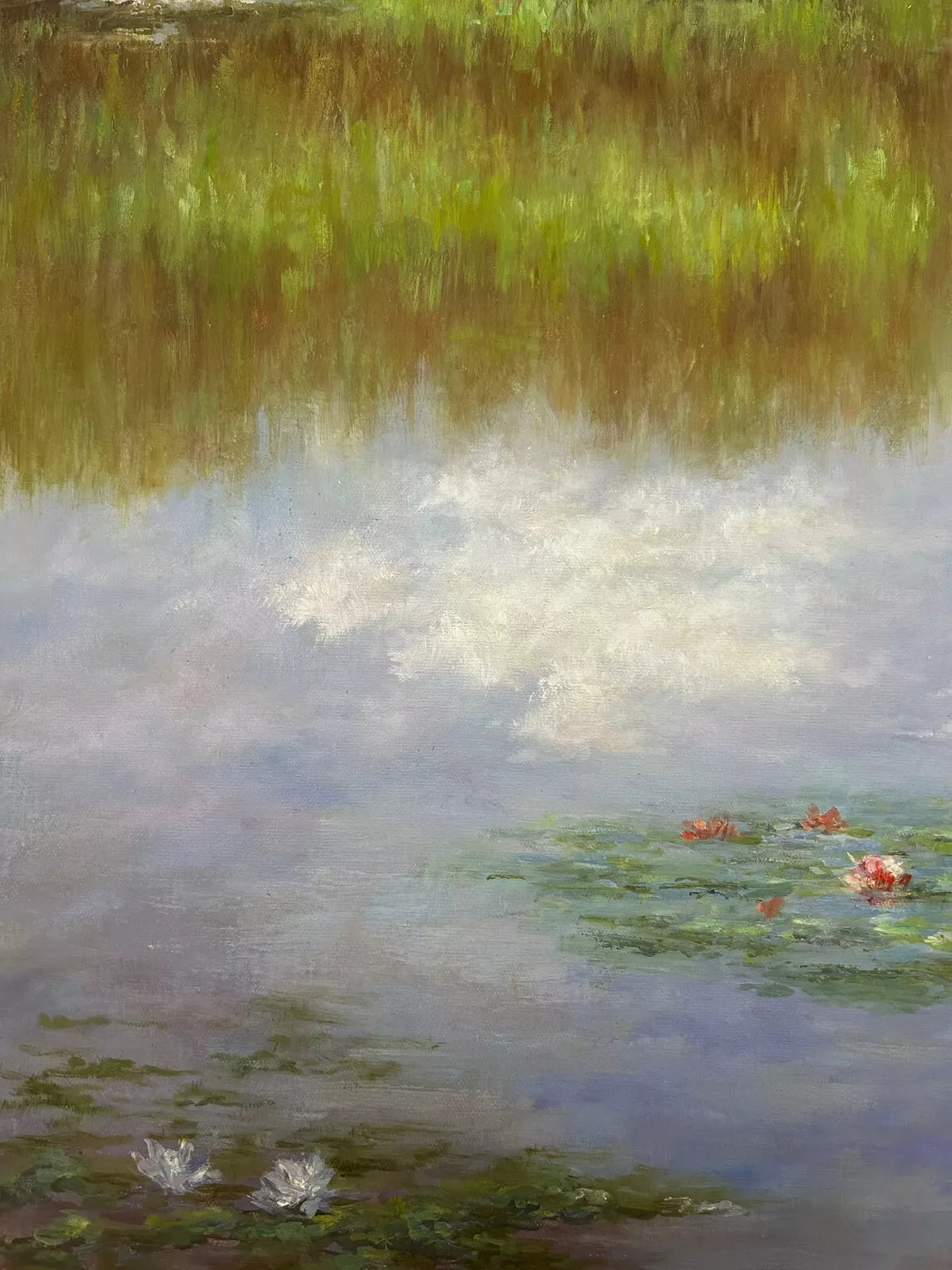 art-paysage-village-etang-nenuphars-Nymphéas-peinture-huile-toile-inspirée de Monet