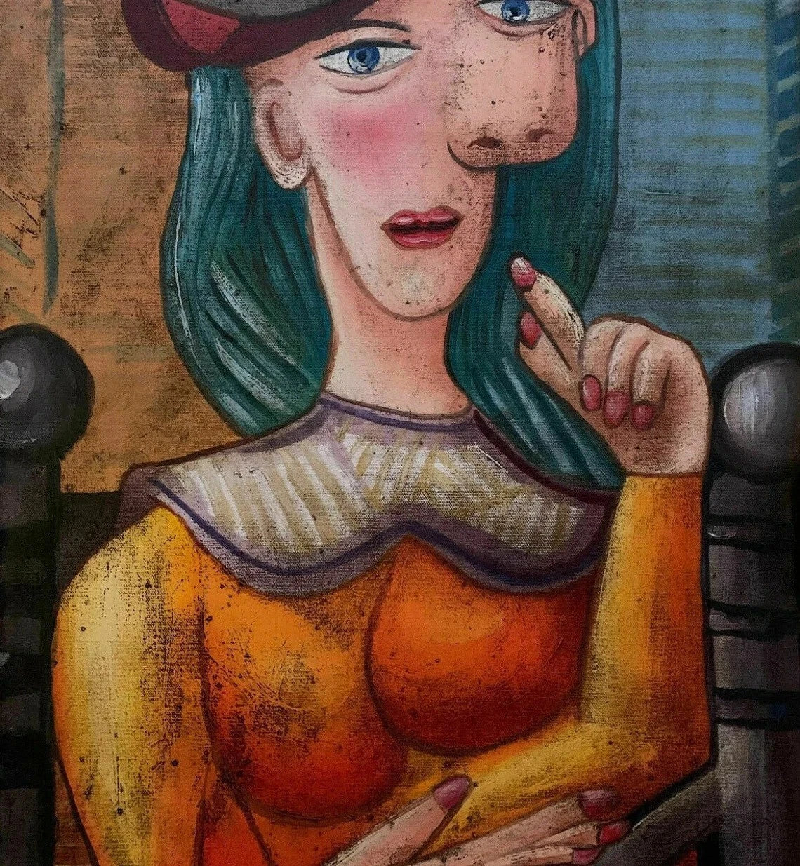 art-decoration-tableau-peinture-huile-toile-portrait-feminin-femme-chapeau-rose