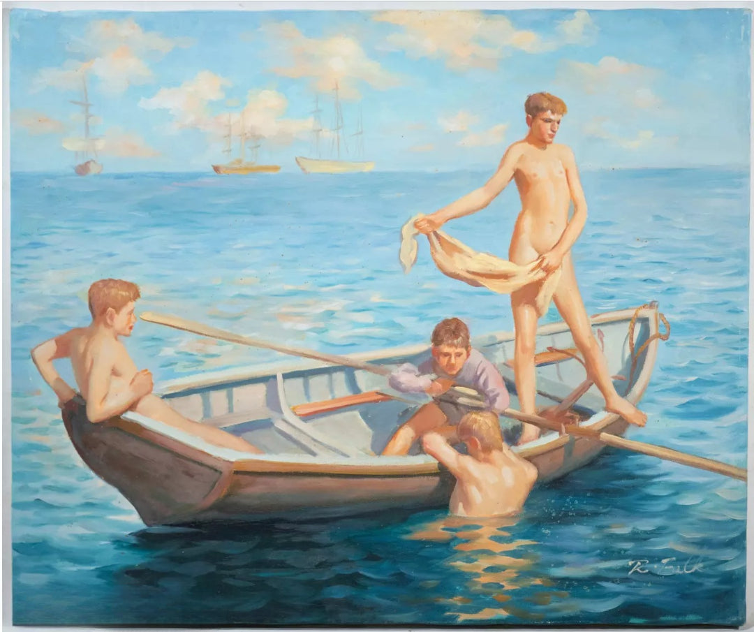 art-érotique-jeune garçons-nus-sur la plage-peinture-huile sur toile-d'après Tuke