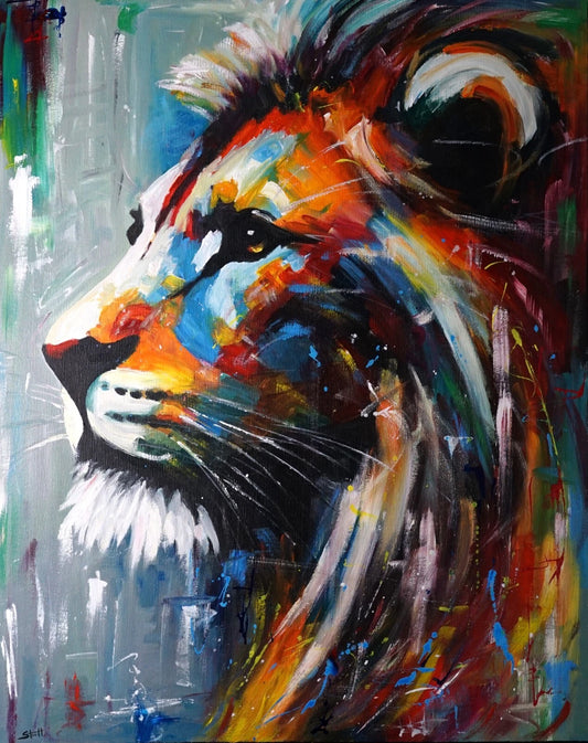 portrait animal roi lion tableau peinture huile sur toile signée