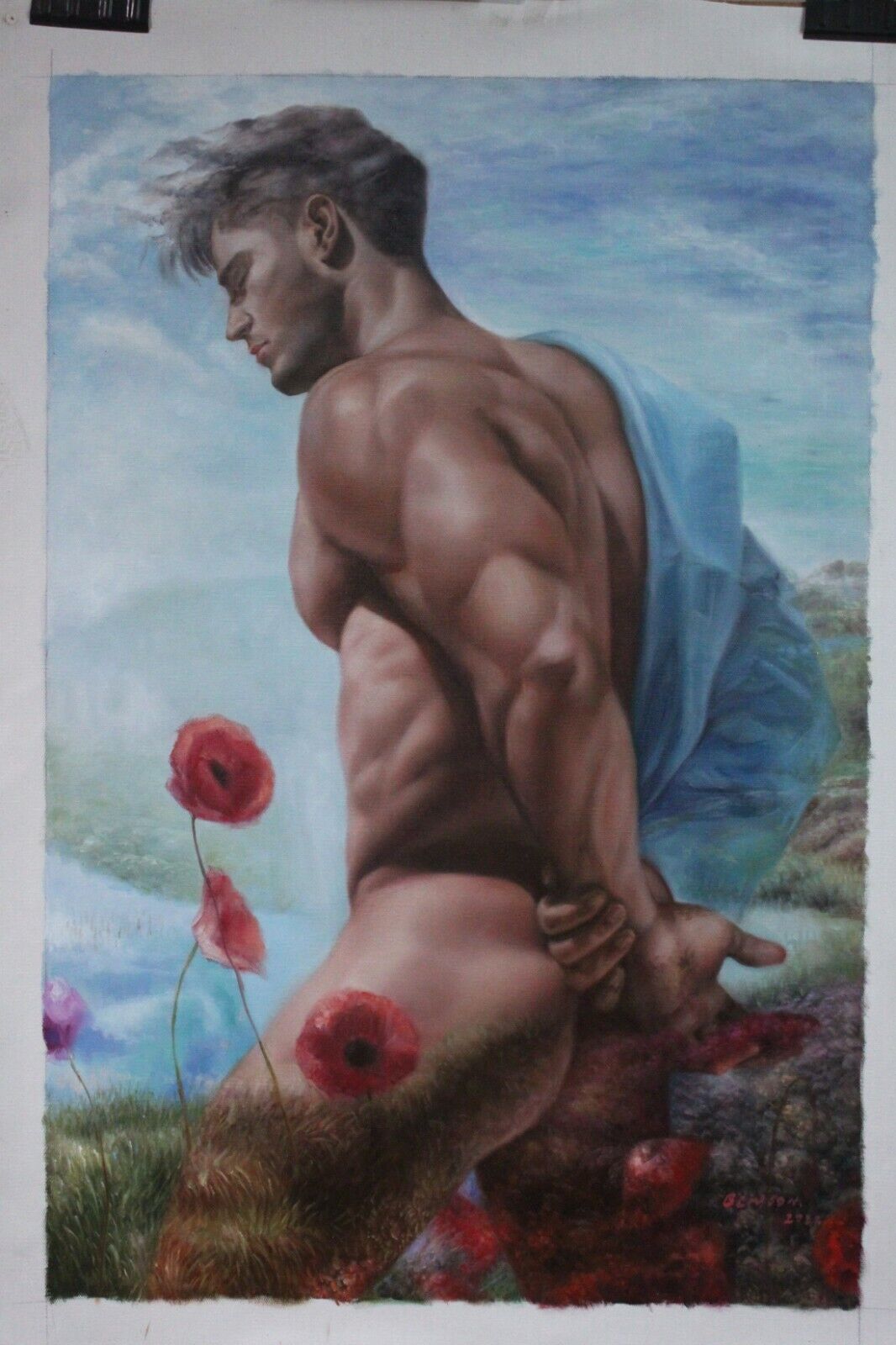 Portrait homme nu sexy peinture huile sur toile signée