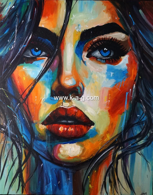 portrait feminin femme yeux bleux tableau peinture huile sur toile signée