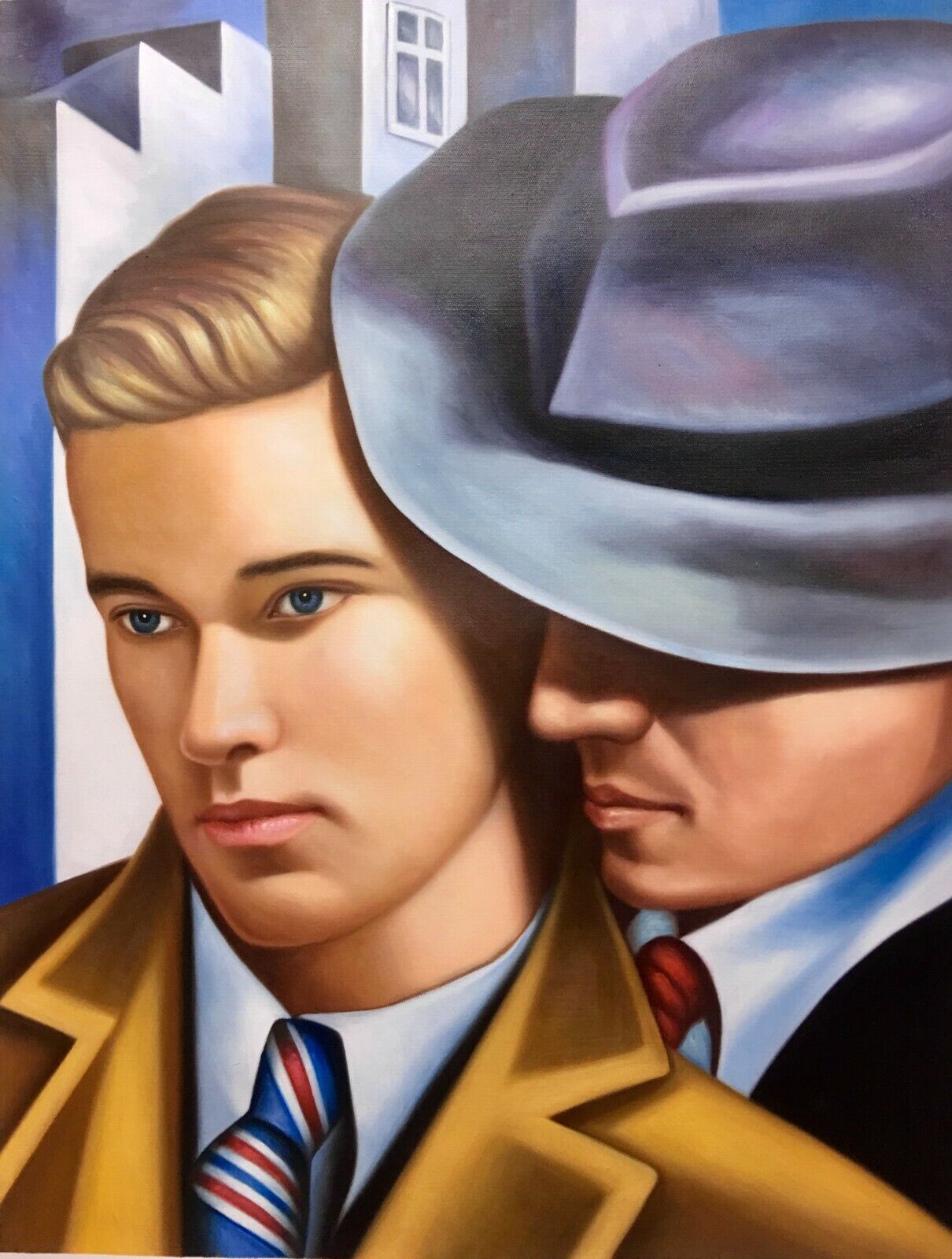 portrait man lovers city dwellers painting oil on canvas signed