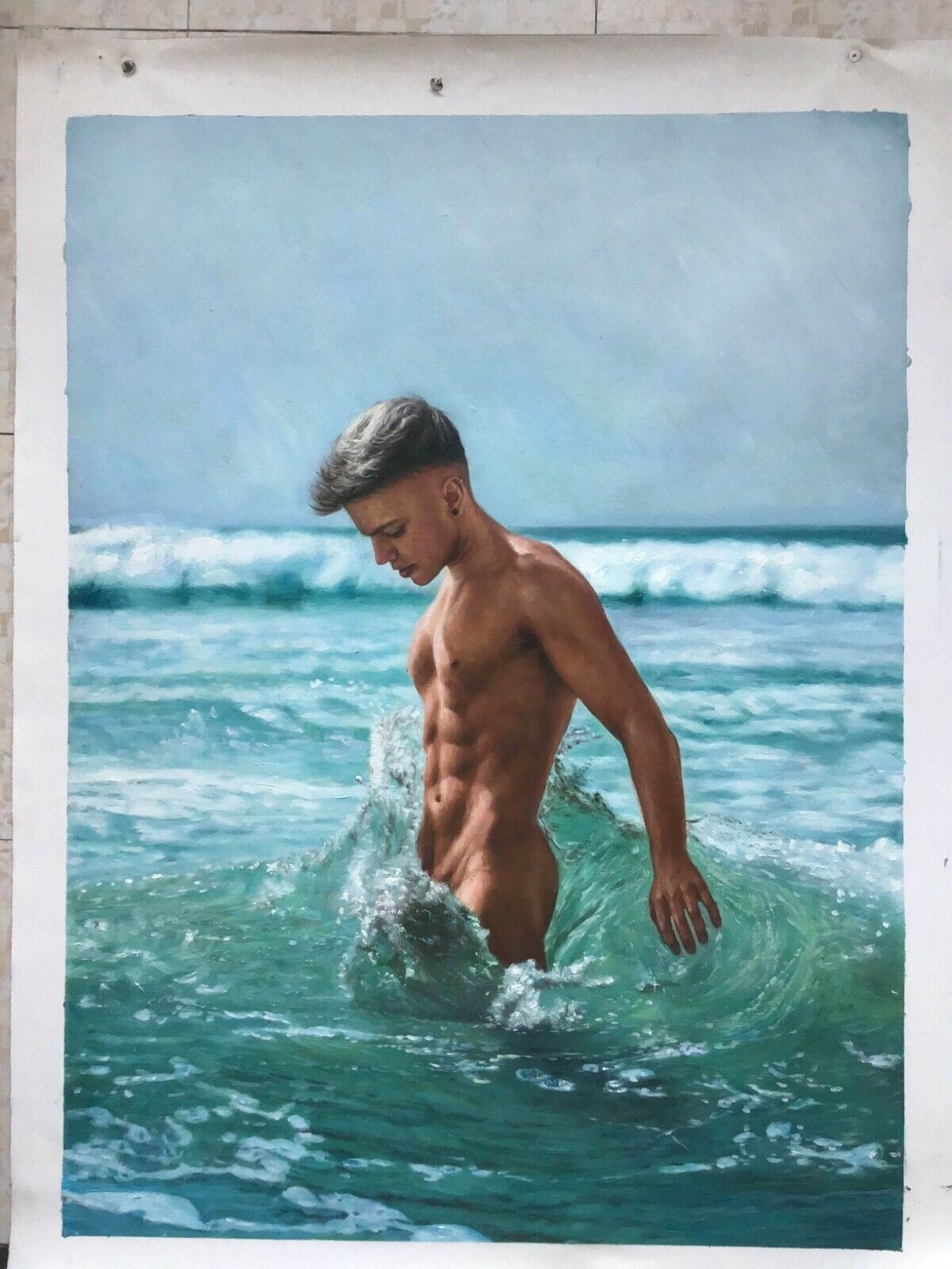 tableau peinture érotique huile sur toile homme nu à la plage